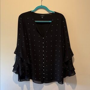 Alfani Black Blouse with White Pearl Dots, Pearl Buttons and Ruffle Sleeves